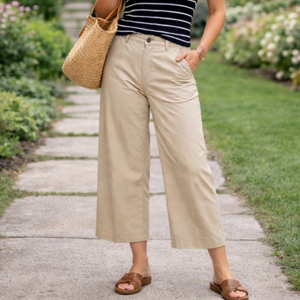C22 NY Khakis Women’s Wide Leg Crop Pants Mid Rise Khaki 10